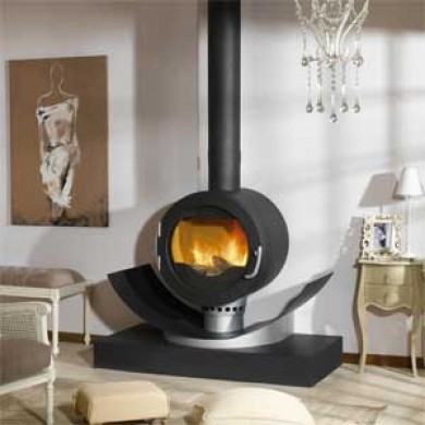 Poêle à bois contemporain MANHATTAN 10,6 kW Peint anthracite et support acier peint gris alu GODIN 371108