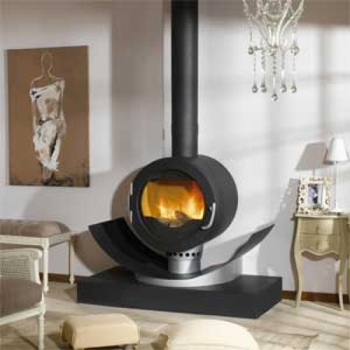 Poêle à bois contemporain MANHATTAN 10,6 kW Peint anthracite et support acier peint gris alu GODIN 371108