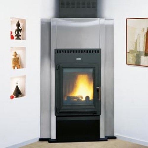 Poêle à bois contemporain QUATUOR ANGLE 15 kW Peint anthracite et décor inox GODIN 680123