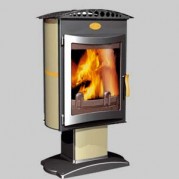 Poêle à bois contemporain BRULHAUT 15 kW porte et vitre galbées sur pied Peint anthracite et décor inox GODIN 364108