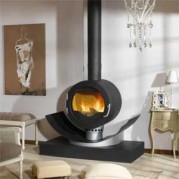 Poêle à bois contemporain MANHATTAN 10,6 kW Peint anthracite et support acier peint gris alu GODIN 371108