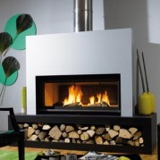 Poêle à bois contemporain MELEZE 4 17 kW Peint anthracite et support acier peint gris alu GODIN 373104