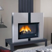 Poêle à bois contemporain PETIT MELEZE 14 kW Peint anthracite et décor acier peint gris alu GODIN 373106