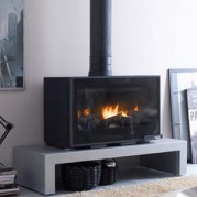 Poêle à bois contemporain MERAPI 2 14 kW Peint anthracite et support acier peint gris alu GODIN 373126