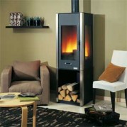 Poêle à bois contemporain CARTHAGE 12 kW Peint anthracite et décor inox GODIN 385103