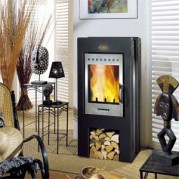 Poêle à bois contemporain ETHNIC 9,5 kW Peint anthracite et décor inox GODIN 386101