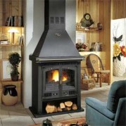 Poêle à bois contemporain CANTOU RUSTIQUE 13 kW Peint anthracite décor laiton GODIN 680127