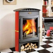 Poêle à bois contemporain BRULHAUT 15 Kw porte et vitre plates avec bucher Peint anthracite et décor inox GODIN 364104