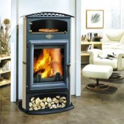 Poêle à bois contemporain BRULHAUT 15 kW porte et vitre galbées avec four Peint anthracite et décor inox GODIN 364103