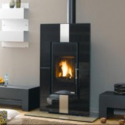 Poêle à bois contemporain ODEON 3 9,5 kW Peint anthracite et décor verre et inox GODIN 680154