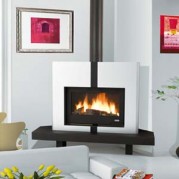 Poêle à bois contemporain PETIT MELEZE D'ANGLE 14 kW Peint anthracite et décor acier peint gris alu GODIN 373135